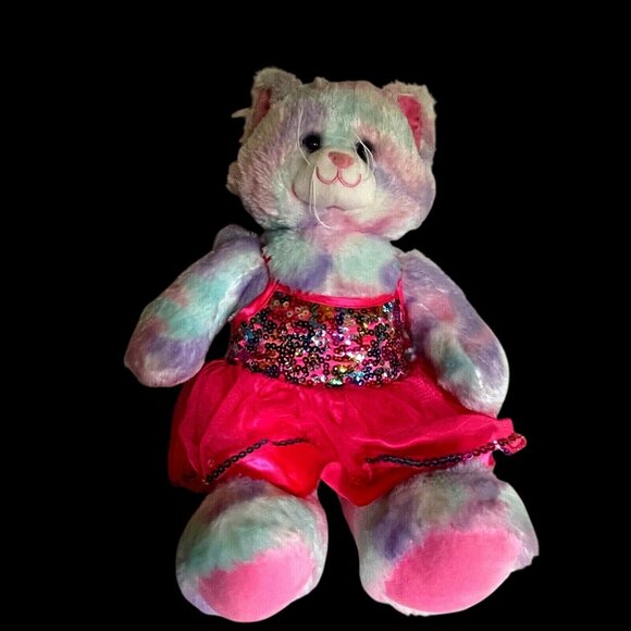 Build-A-Bear Colorful Tie Dye Plush Cat In Pink Sequin Dress 16" - Picture 1 of 12